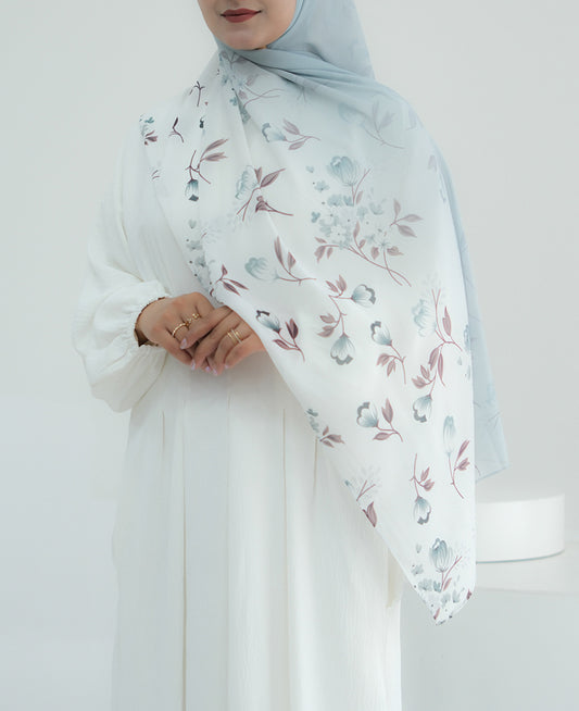 Grey Blue Ombre Floral scarf rectangular hijab in chiffon premium quality