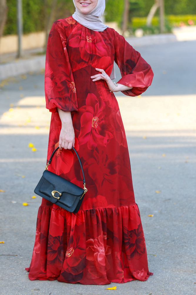 Tasneem empire waist chiffon bold flower print dress in red fully line with elasticated cuff sleeves