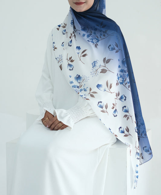 Blue Ombre Floral scarf rectangular hijab in chiffon premium quality
