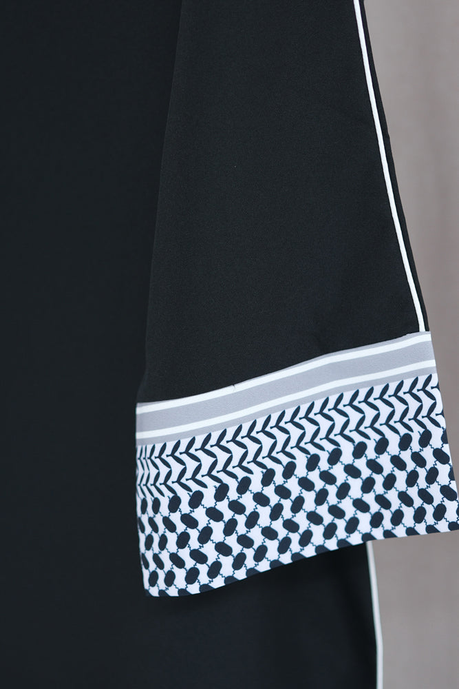 Obeida Traditional abaya with contrast keffiya cuffs and piping alongside hems