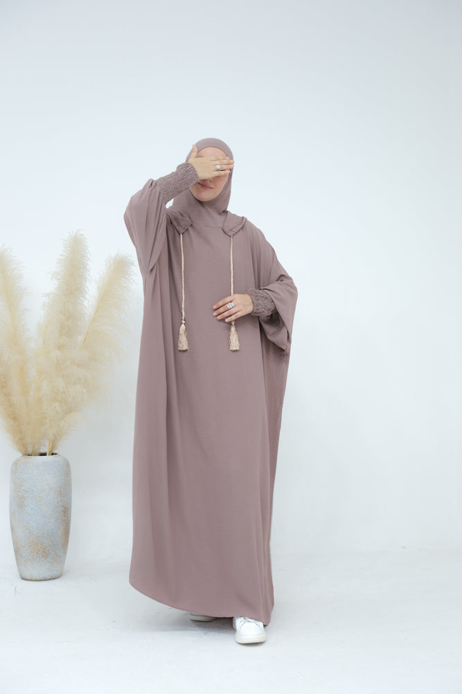 Taro Balaclava abaya with stitched-in bonnet and shirred cuff perfect umrah abaya