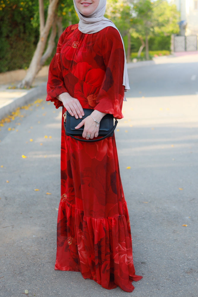 Tasneem empire waist chiffon bold flower print dress in red fully line with elasticated cuff sleeves
