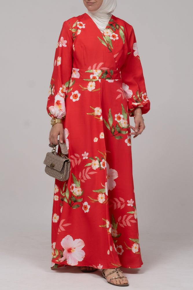 Sandalwood dress in bold floral print with v-neck elasticated sleeves zipper fastening