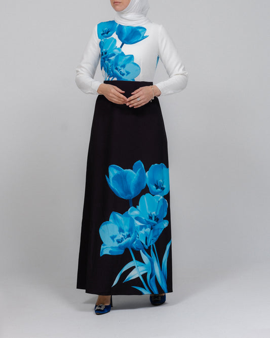 Aya maxi contrast 3D Floral print modest dress with long sleeve contrast white top
