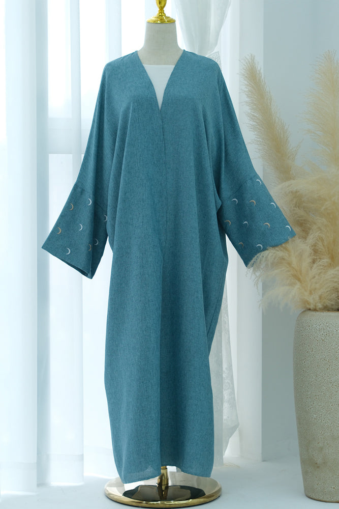 Blue Moona abaya throw over with moon embroidery on sleeves