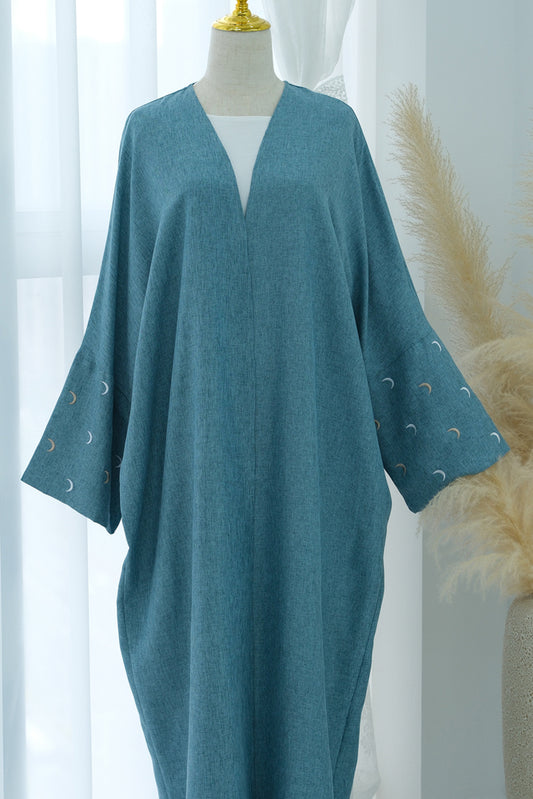 Blue Moona abaya throw over with moon embroidery on sleeves