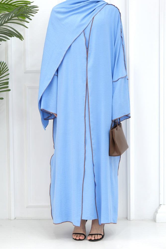 Rada four piece abaya with throw over slip dress belt and matching hijab in Light Blue
