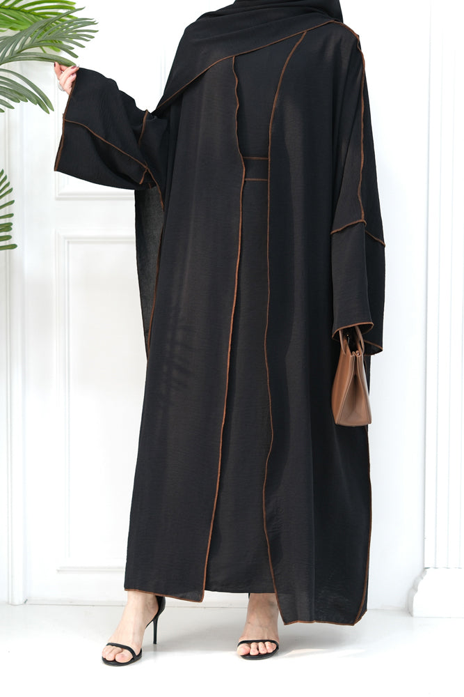 Rada four piece abaya with throw over slip dress belt and matching hijab in Black