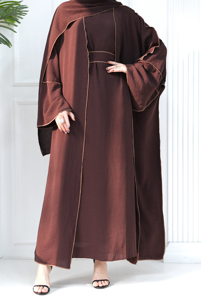 Rada four piece abaya with throw over slip dress belt and matching hijab in Dark Coffee