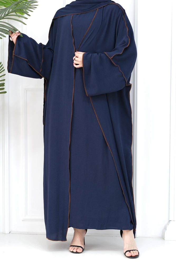 Rada four piece abaya with throw over slip dress belt and matching hijab in Dark Blue