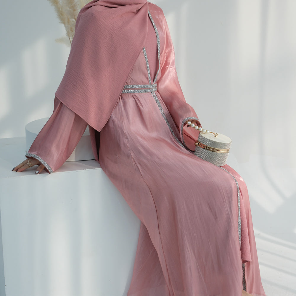 Tanju Pink abaya throw over with embroidery detailing along front hem and on sleeves with matching belt