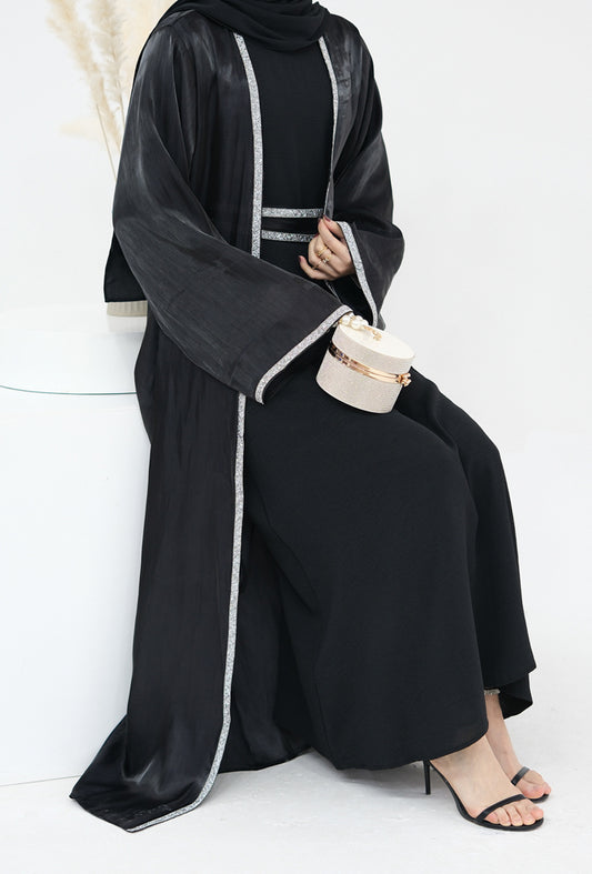 Tanju Black abaya throw over with embroidery detailing along front hem and on sleeves with matching belt