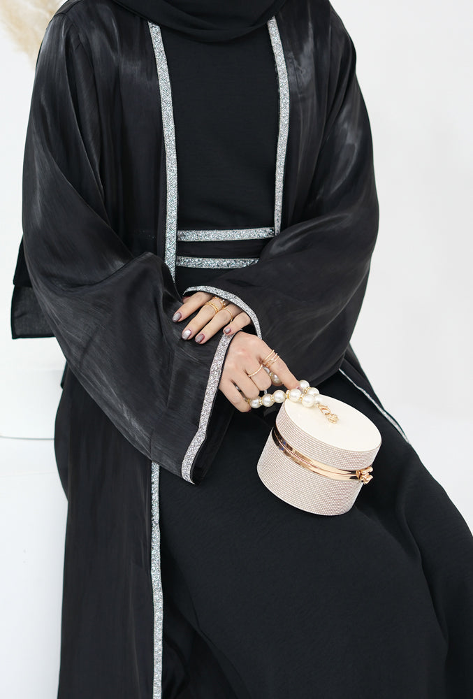 Tanju Black abaya throw over with embroidery detailing along front hem and on sleeves with matching belt