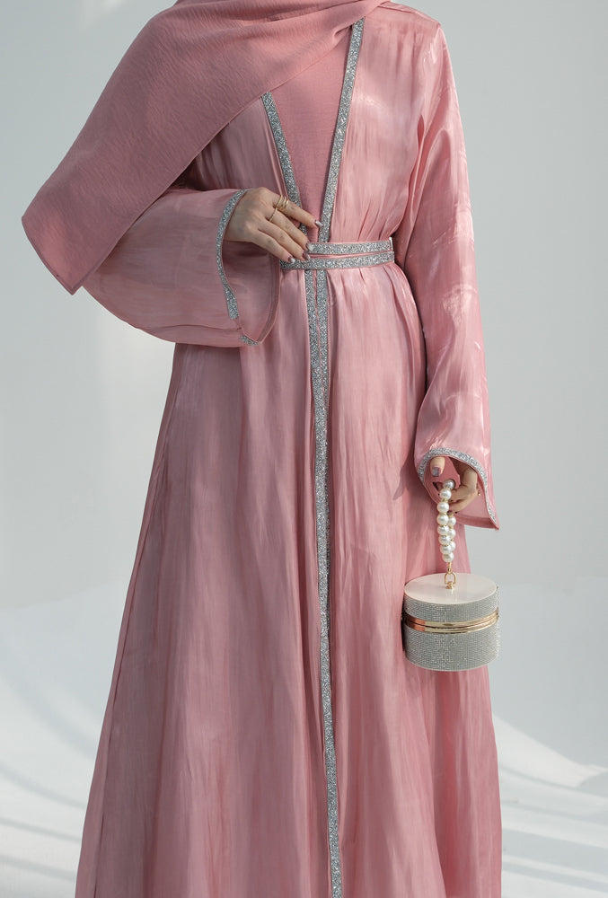 Tanju Pink abaya throw over with embroidery detailing along front hem and on sleeves with matching belt