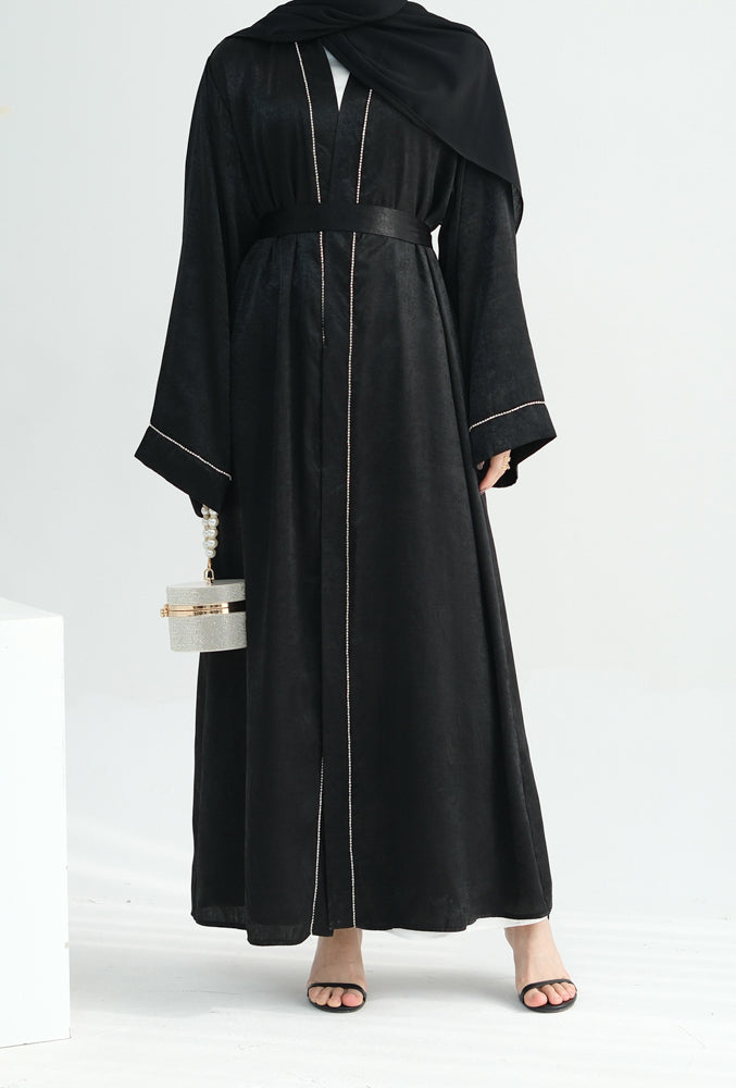 Sparkling chain trim minimalist abaya open front throw over with belt in Black