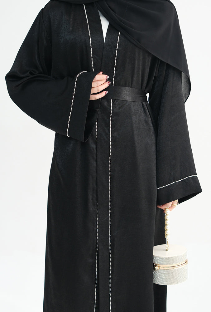 Sparkling chain trim minimalist abaya open front throw over with belt in Black