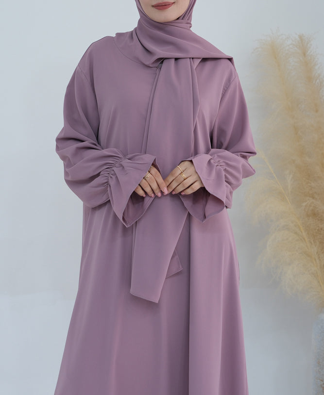 Dusty Purple Adastra One Piece Prayer Outfit Zippered Abaya Scarf Attached