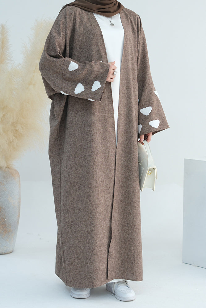 On the cloud nine open front beige abaya with cloud embroidery and matching hijab
