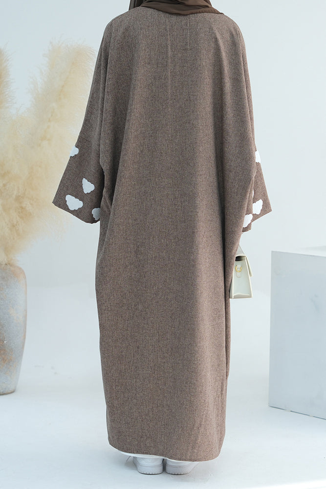 On the cloud nine open front beige abaya with cloud embroidery and matching hijab