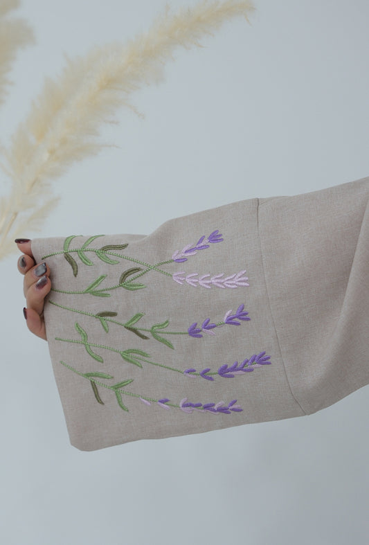 Lavanta Sleeve Floral Embroidery Style Abaya Dress in Beige