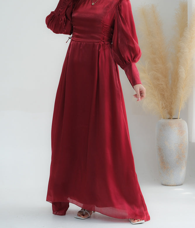 Polina in Red Lace Up Maxi Dress adjustable waist modest dress puff sleeve