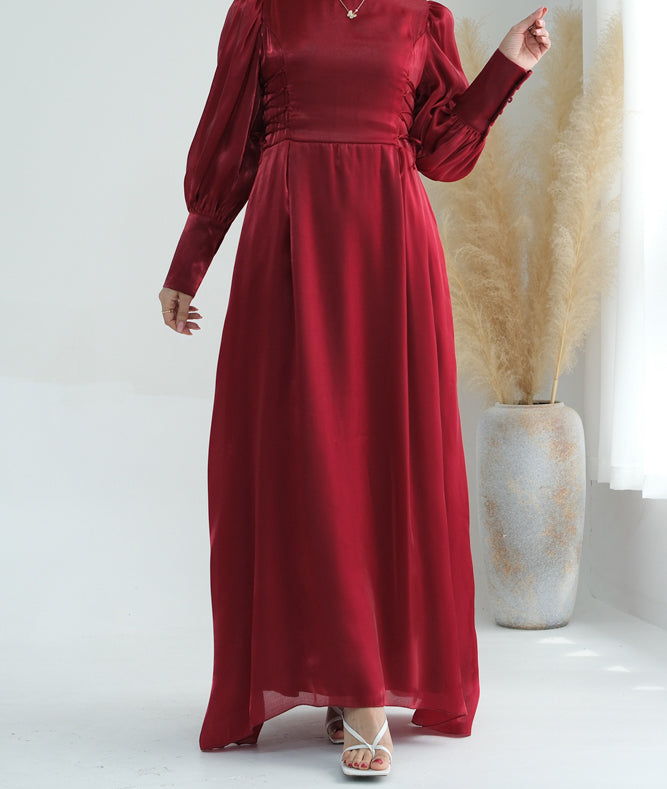 Polina in Red Lace Up Maxi Dress adjustable waist modest dress puff sleeve