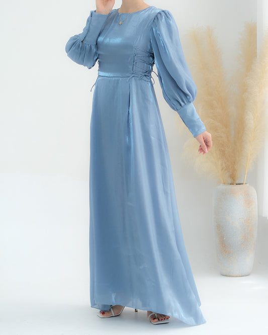 Gray Polina Lace Up Maxi Dress adjustable waist modest dress puff sleeve&nbsp;