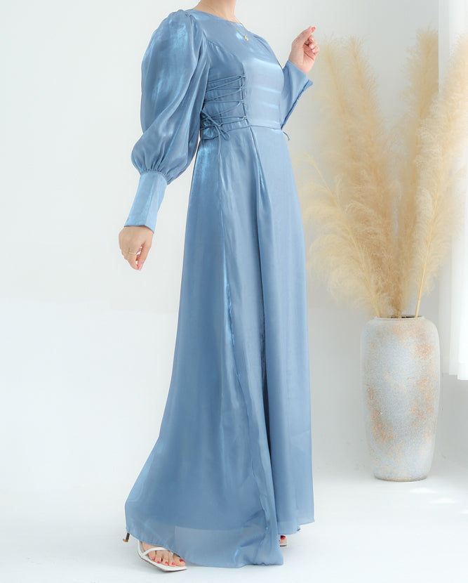 Gray Polina Lace Up Maxi Dress adjustable waist modest dress puff sleeve&nbsp;