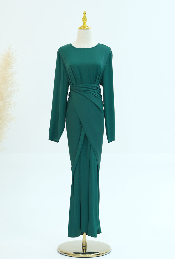 Siddiqa Emerald three piece gown with throw over abaya long sleeve slip dress and detachable skirt apron