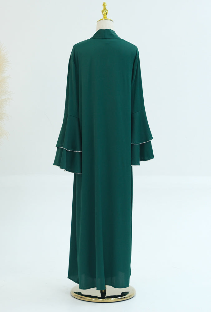 Siddiqa Emerald three piece gown with throw over abaya long sleeve slip dress and detachable skirt apron