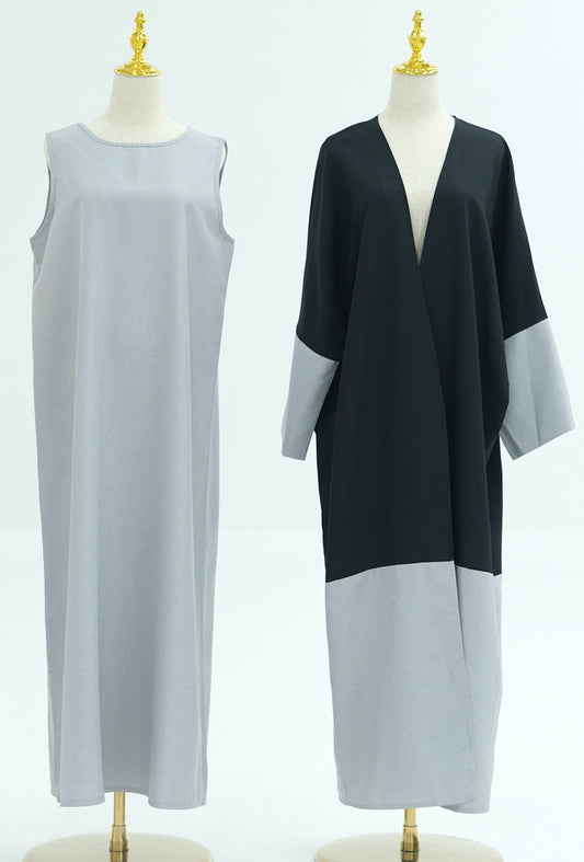 Layan two piece abaya with inner sleevless dress dress and contrast throw over