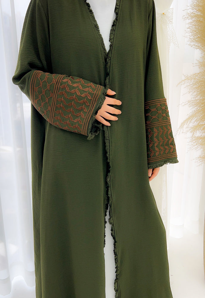 Boikot Keffiyeh Inspired Abaya with contrast embroidered sleeves and detachable belt