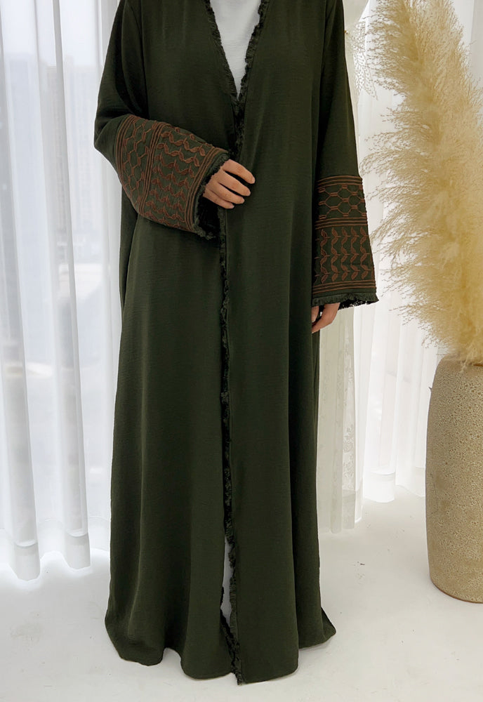 Boikot Keffiyeh Inspired Abaya with contrast embroidered sleeves and detachable belt