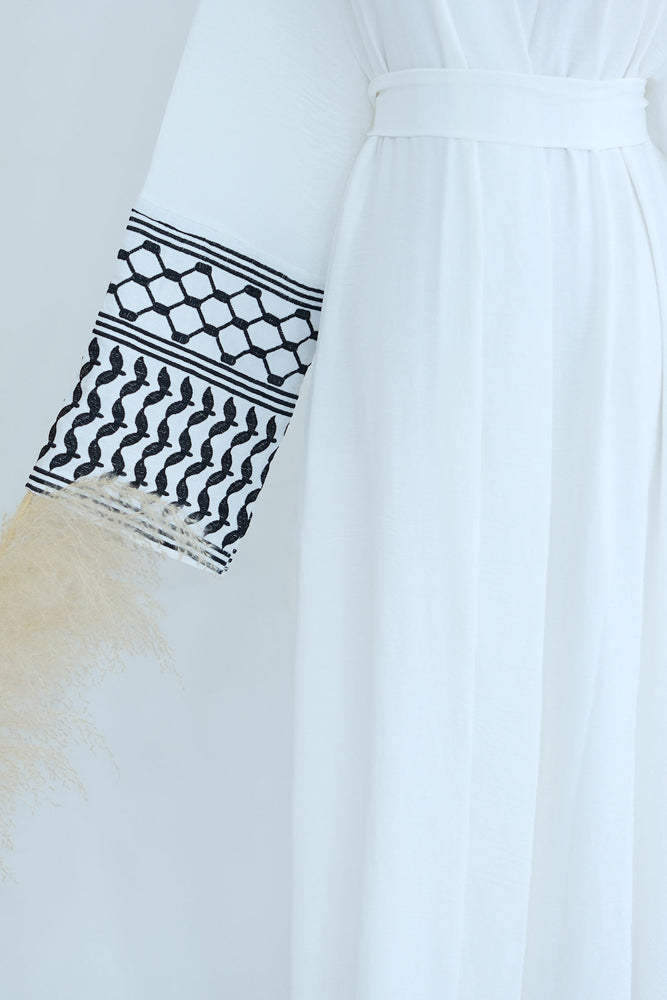 Dir El Balah Keffiyeh Inspired Abaya with contrast embroidered sleeves and detachable belt