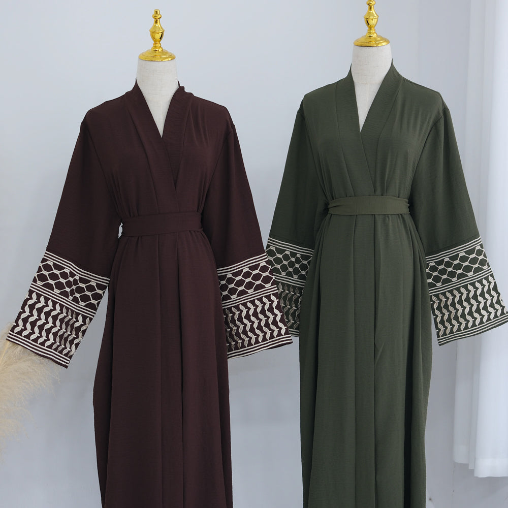 Bait Haanoun Keffiyeh Inspired Abaya with contrast embroidered sleeves and detachable belt
