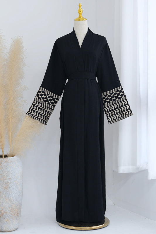 Raafaah Keffiyeh Inspired Abaya with contrast embroidered sleeves and detachable belt