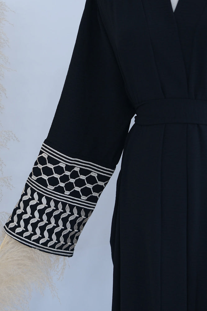 Raafaah Keffiyeh Inspired Abaya with contrast embroidered sleeves and detachable belt