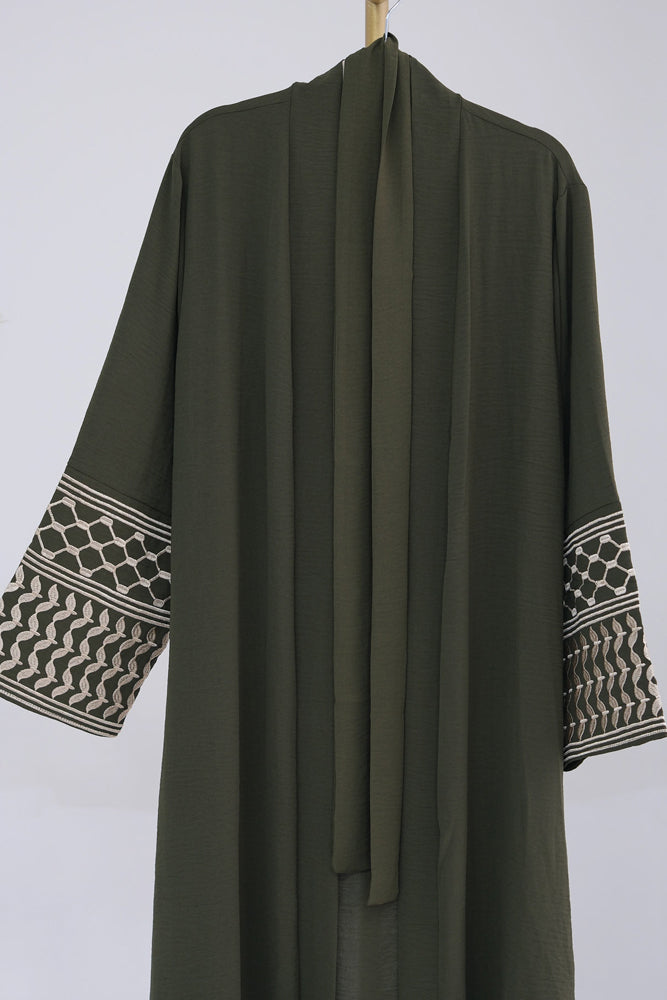 Bait Laaheya Keffiyeh Inspired Abaya with contrast embroidered sleeves and detachable belt