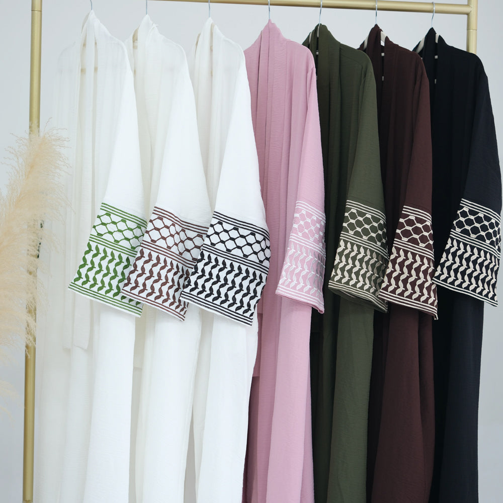 Dir El Balah Keffiyeh Inspired Abaya with contrast embroidered sleeves and detachable belt