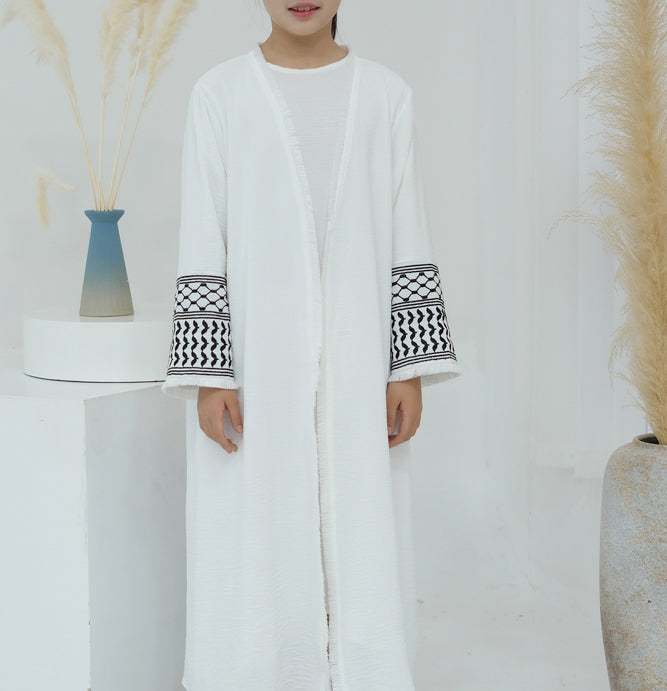 Kids abaya keffiyeh inspired Girls Long Sleeve Maxi Dress Islamic kaftan in white
