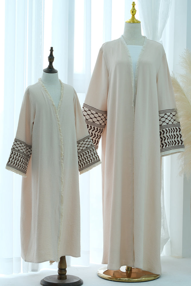 Kids abaya keffiyeh inspired Girls Long Sleeve Maxi Dress Islamic kaftan in beige