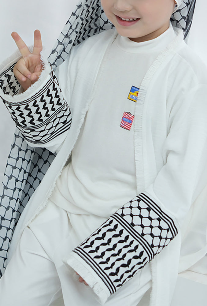 Kids abaya keffiyeh inspired Girls Long Sleeve Maxi Dress Islamic kaftan in white