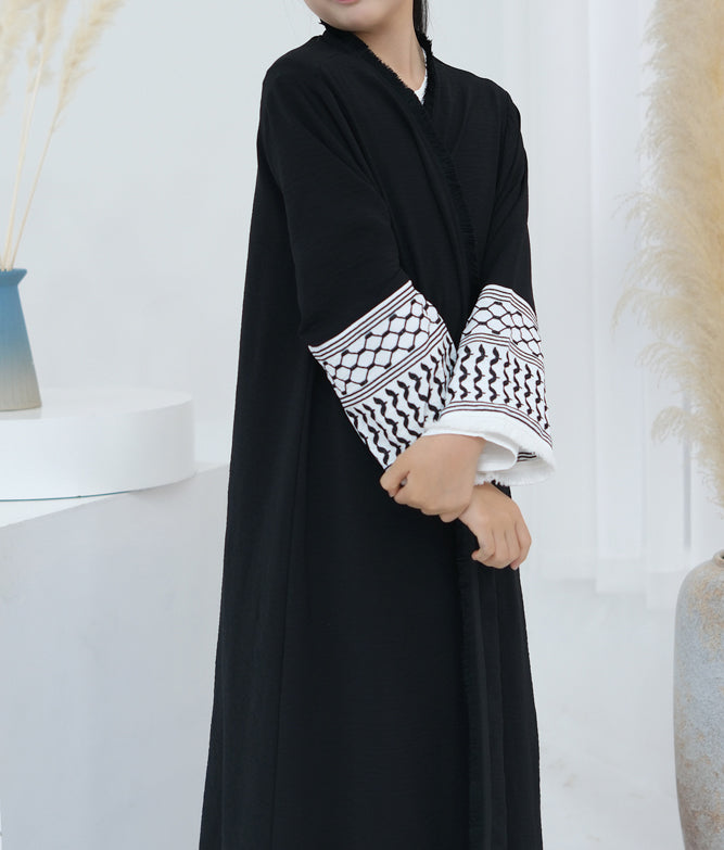 Kids abaya keffiyeh inspired Girls Long Sleeve Maxi Dress Islamic kaftan in black
