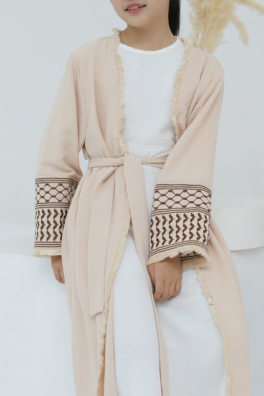 Kids abaya keffiyeh inspired Girls Long Sleeve Maxi Dress Islamic kaftan in beige