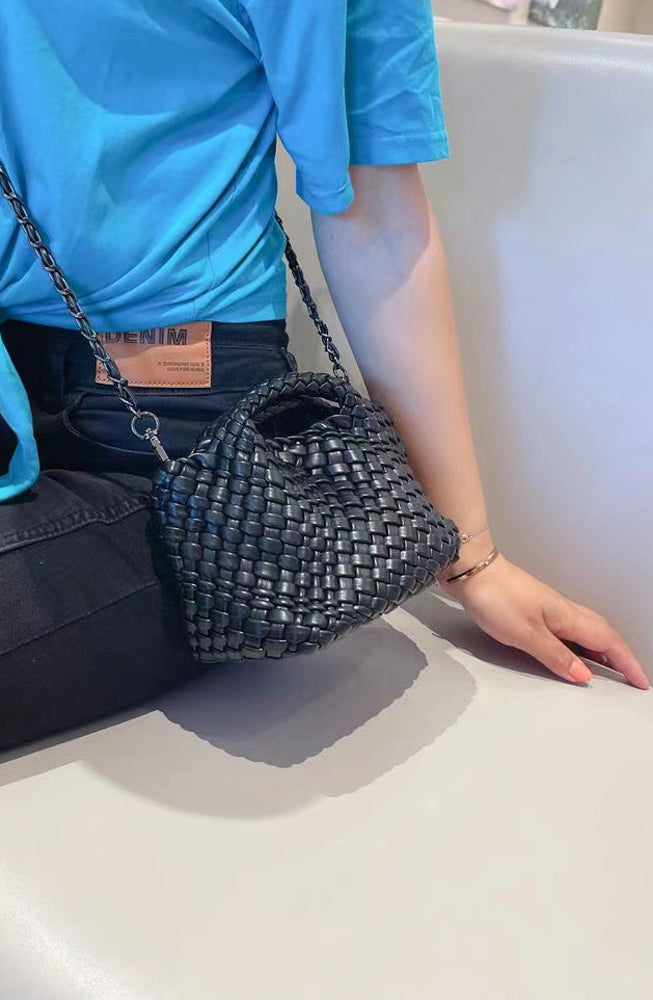 Woven Crossbody Small Mini Handbag Purse for Women in black Leather