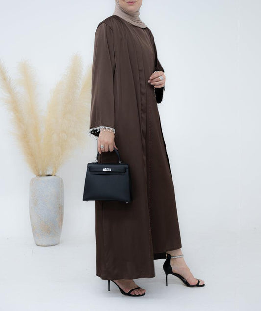 Al Sheikha classic abaya throw over in coffee with embellished sleeves - ANNAH HARIRI