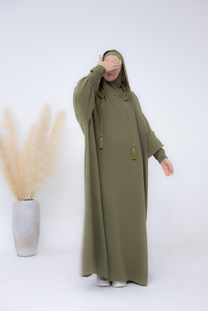 Balaclava abaya with stitched-in bonnet and shirred cuff in olive green - ANNAH HARIRI
