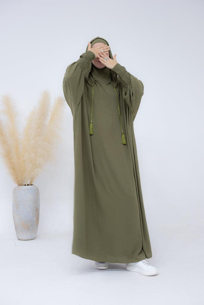 Balaclava abaya with stitched-in bonnet and shirred cuff in olive green - ANNAH HARIRI