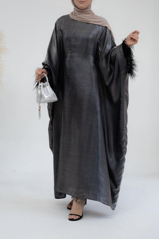 Bjorka evening abaya batwing cut with feather detailing in Grey - ANNAH HARIRI