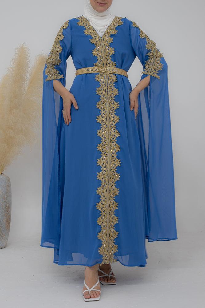 Collyer Kaftan Dress with luxury embroidery detachable belt and sultan sleeves in Light Blue - ANNAH HARIRI